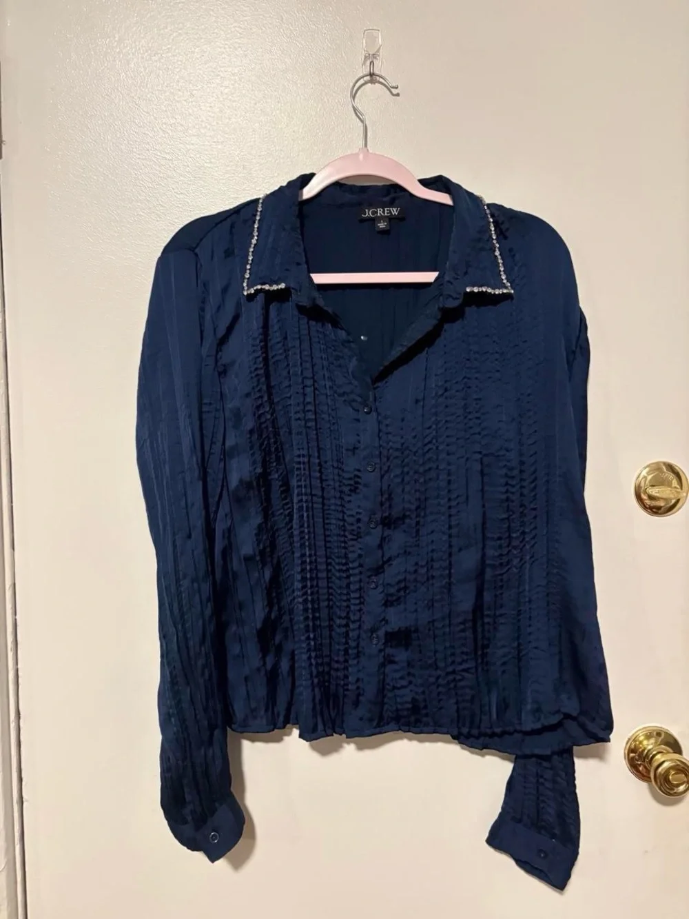 NWOT J Crew navy satin embellished collar top small